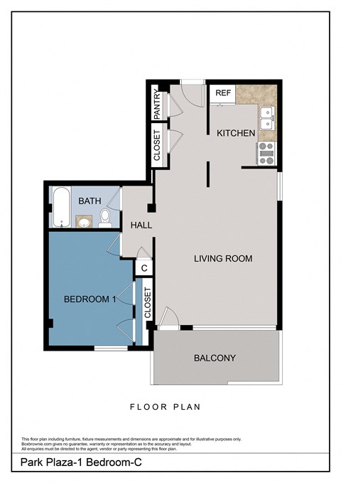 Floor plan for 1 bed, 1 bath, 551 sqft